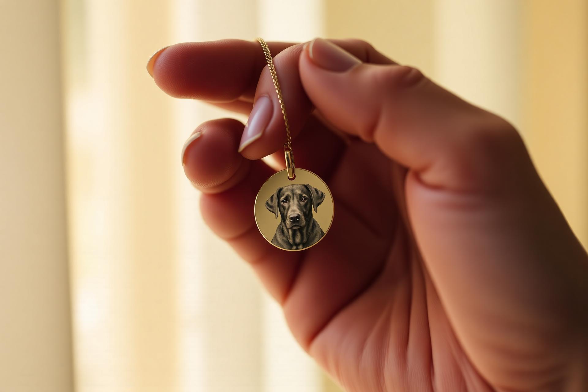 A hand gently holding a gold pet memorial pendant